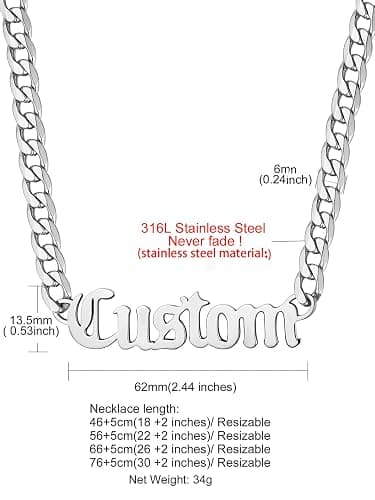 GoldChic JEWELRY Name Necklace Personalized for Men, Womens Custom Name Plate Chain, Stainless Steel Customized Old English Nameplate Choker with Curb Chains Custom, 16 inches to 30 inches thumbnail 6