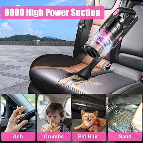 Viewsun Car Vacuum Cordless Rechargeable, 8000PA High Power Handheld Vacuum Cleaner with 17PCS Car Cleaning Kit, Pink Auto Accessories for Women Gift thumbnail 2