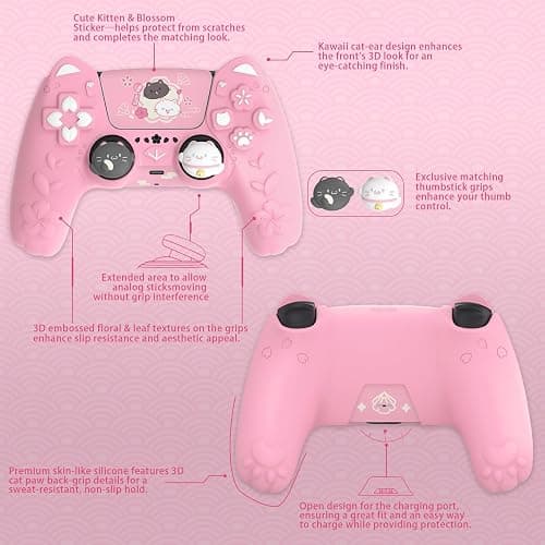 PlayVital for PS5 Controller Cover Skin - Cherry Blossoms Kitten Anti-slip Grip Skin with Thumb Grip & Sticker - Soft Rubber Protector for PS5 Controller Accessories - Pink thumbnail 8