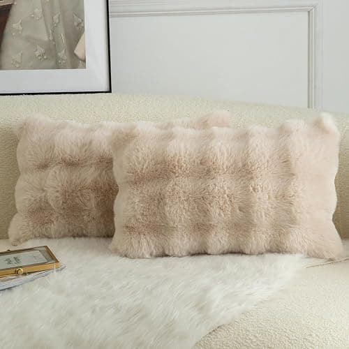 Mandioo Pack of 2 Thick Plush Wool Decorative Throw Pillow Covers Super Soft Wave Bubble Fur Velvet Cushion Covers Pillow Shams for Couch Bed Living Room 12x20 Inch Beige - Image 1