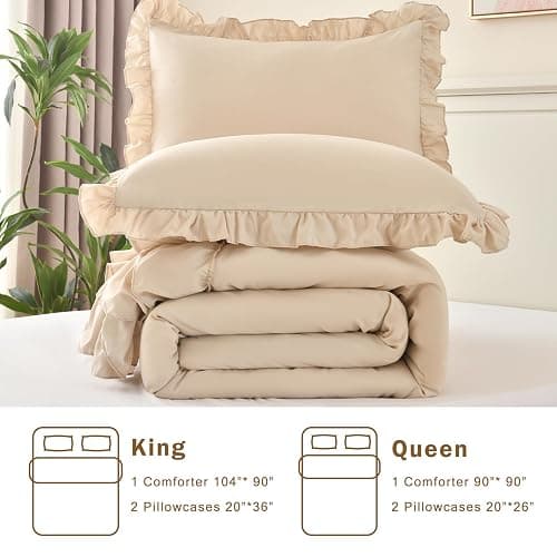 Cupocupa Beige Queen Comforter Set, 3Pcs Comforters Queen Size Ruffle Farmhouse Bedding Sets Queen with Comforter, Lightweight Soft Shabby Chic Bedding Comforter Set Fluffy for All Season - Queen - Beige thumbnail 6