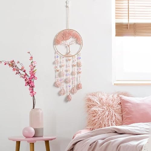 Pink Dream Catchers Crystal Tree of Life Dreamcatcher with Rose Quartz Butterfly Crystal Suncatcher Prism Hangings Wall Window Bedroom Room Decor Gift for Girls Boys Adults thumbnail 3
