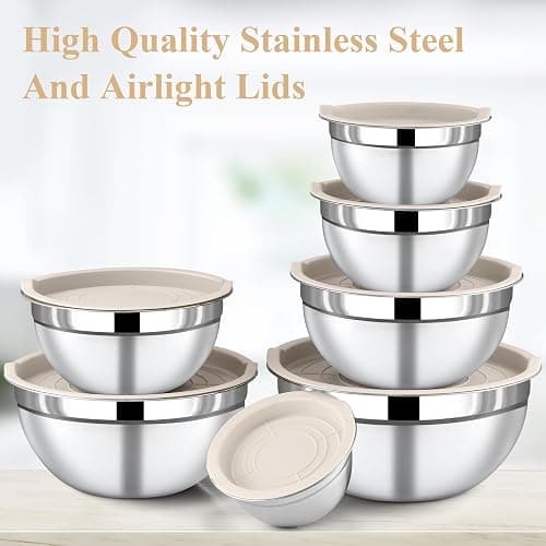 Funnydin 7 Piece Stainless Steel Mixing Bowls with Lids Set - Khaki Nesting Metal Mixing Bowls for Kitchen, Sizes 4.5, 4, 3.5, 2.1, 1.5, 1.1, 0.7 Qt for Baking, Cooking and Serving, Dishwasher Safe thumbnail 6