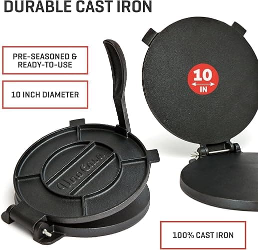 Uno Casa Cast Iron Tortilla Press 10 Inch - Tortilla Maker Press, Pre-Seasoned Roti Maker with 100 Pcs Parchment Paper - Heavy Duty Quesadilla Maker for Homemade Flatbreads, Rotis, Empanadas thumbnail 4