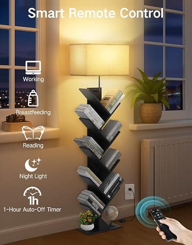 OUTONLIFE 9 Tier Tree Bookshelf with Light, Remote & Timer, Dimmable Tall Floor Book Shelf, Narrow Wood Bookcase, Small Book Organizer Shelves for Living Room, Bedroom, Home Office (Black) thumbnail 5