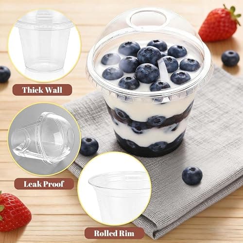 Clawsoff 50 Pack 9 oz Plastic Cups with Dome Lids, Disposable Dessert Cup No Hole, Fruit Cup, Clear Parfait Cups for Cake, Cold Drink, Ice Cream, Salad thumbnail 4