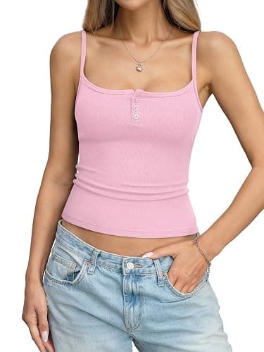 EasyGala Womens Cotton Ribbed Henley Tank Tops Square Neck Camisole Adjustable Spaghetti Strap Fitted Shirts Summer 2026 thumbnail 5