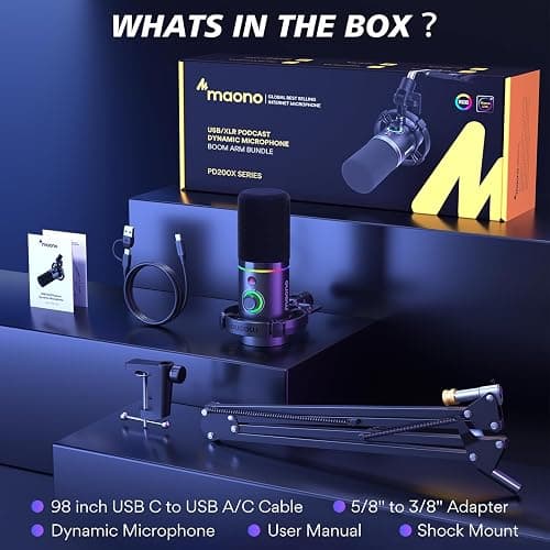 MAONO PD200XS XLR/USB Dynamic Microphone Kit, RGB Gaming Mic with Software | PC Mic with Mute, Gain Knob, Volume Control, Boom Arm for Streaming, Gaming, Podcasting, Voice-Over, Recording thumbnail 9
