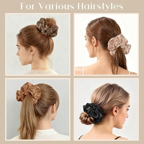 Lolalet Big Satin Scrunchies for Women, 5.9 Inch Large Oversized Scrunchie, Soft Jumbo/Giant Scrunchies Hair Ties for Thick & Curly Hair -4 Pack, Almond/Khaki/Black/Brown thumbnail 3