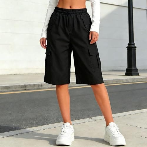 Bermuda Cargo Shorts for Girls Knee Length High Waist Pull On Shorts with Pockets Summer Quick Dry Baggy Biker Trousers Teen Loose Fit Running Hiking Athletic Bottoms thumbnail 5