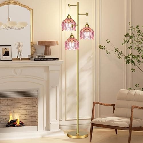 ILLMTW Glass Floor Lamp for Living Room,Bedroom,Gold Flower Mid Century Modern Standing Lamp Brass Tree 3 Light Tall Floor Lamps Vintage Floor Lights Pink Lamp Shade Farmhouse Boho Bohemian thumbnail 3