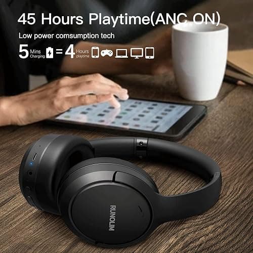 RUNOLIM Hybrid Active Noise Cancelling Headphones, Wireless Over Ear Bluetooth Headphones with Microphone, 70H Playtime, Foldable Headphone with HiFi Audio, Deep Bass for Home Travel Office thumbnail 3