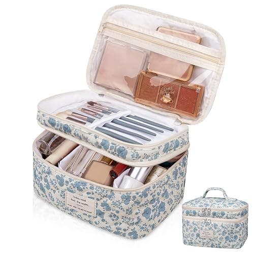 Makeup bag, Large Cosmetic Bag for Women Girls, Cute Quilted Makeup Bags, Floral Coquette Aesthetic Toiletry Bag, Travel Make Up Organizer Bag (Blue Flowers) - Image 1