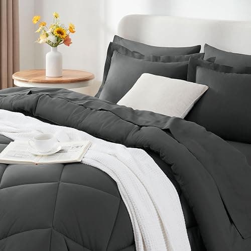 CozyLux Full Size Comforter Sets Dark Grey - 7 Pieces Bed in a Bag Full, Luxury Soft Bed Set for All Seasons, Bedding Set with Down Alternative Comforter, Sheets, Pillowcases & Shams - Dark Grey - Full thumbnail 3