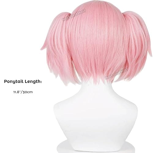 Half and Half Mado-ka Cosplay Wig Pink Anime Ponytail Wigs with Bangs Short Light Pink Cute Lolita Twin Tails Wig for Women Halloween Party Costumes thumbnail 6
