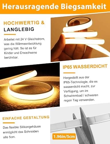 Lamomo COB LED Streifen, Warmweiss Dimmbar 5M LED Strip, Wasserdicht 3000K Neon Led Leiste mit Fernbedienung, 10mm Breit, Silikon Flexibel Lichtleiste für Schlafzimmer Innen Außen Küche Deko, CRI90+ thumbnail 5