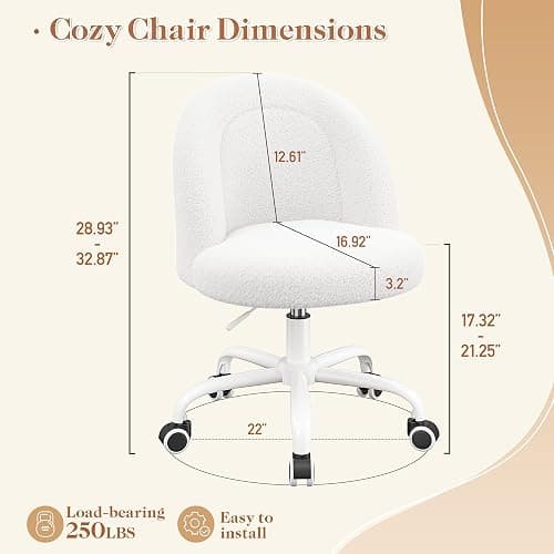 DurayLoly Vanity Chair, Small Desk Chair with Back, Height Adjustable & 360° Swivel, Stylish Armless Comfy Vanity Office Chair for Small Space, Bedroom thumbnail 2