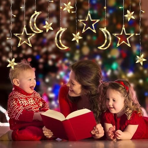 Riakrum 11.48 ft 21 LED Star and Moon String Lights Plug in Christmas Warm White Fairy Light Waterproof Decor for Bedroom USB Powered LED Curtain Light with USB Battery Box Cable Clip Wedding Party thumbnail 7