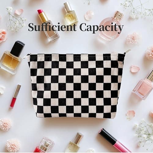 Itgowisa Checkered Corduroy Makeup Bag for Women, Black and White Gingham Cosmetic Bag with Zipper, Corduroy Travel Toiletry Bag, Sunscreen Sunblock Spf Bag, Hygiene Medicine Pouch,Organizer for Purse thumbnail 4