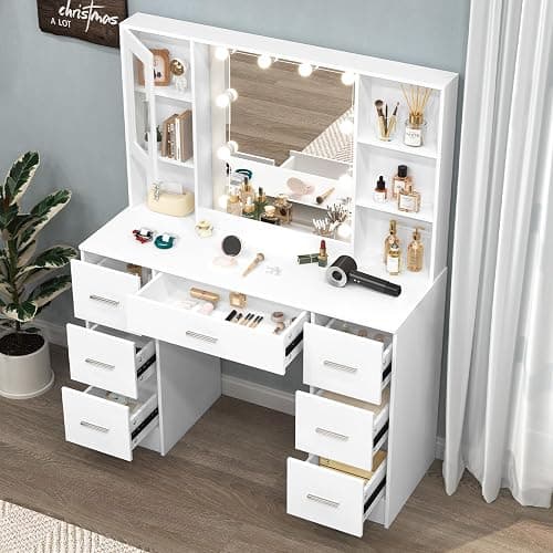 Makeup Vanity with Lights and Mirror, Large Vanity Desk with Drawers Makeup Table with Lighted Mirror, 3 Lighting Colors, Modern Vanity Dressing Table for Bedroom (Sliver Handle -K3U44) thumbnail 7