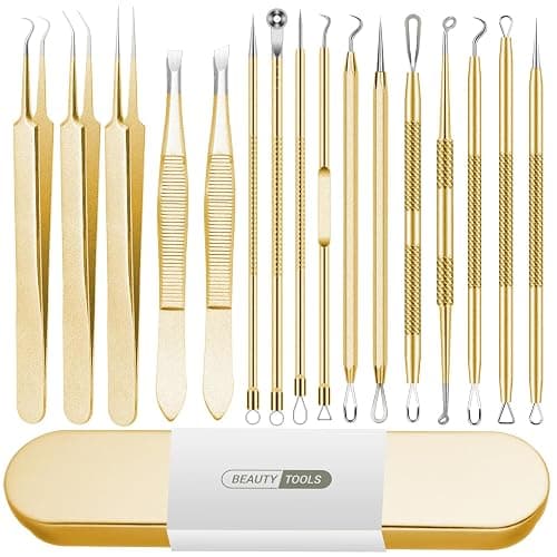 Blackhead Remover Tool, 16 PCS Pimple Popper Tool Kit, Tweezers Set for Eyebrows Hair Removal Pimple Blemish Acne Comedones Extractor Whitehead Cyst Removal Tool, for Nose Face Beauty Tools (Golden) - Image 1