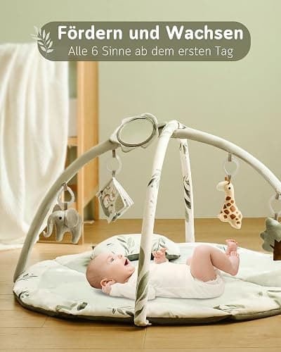 Fortella Spielbogen Baby, Spielmatte mit Bauchzeit Kissen und 5 Sensorik Spielzeug Abnehmbarem,Naturthemen Krabbeldecke für Babys ab der Geburt, Neugeborene & Kinder, 0-6-9-12 Monate-Salbeigrün - Salbeigrün thumbnail 3