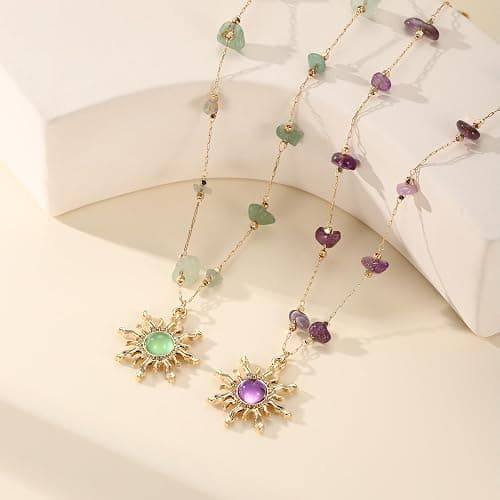 18K Gold Plated Necklace for Women Adjustable Link Gold Chain with Crystal Sun Pendant Necklace Summer Jewelry Purple & Green Stone Crystal Choker Healing Non Tarnish Birthday Gifts Trendy Jewelry thumbnail 5