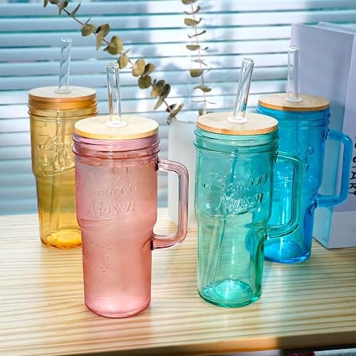 ANOTION Colored Glass Cups with Handle Set of 4, 24oz Glass Cups with Lids and Straws Travel Coffee Mug Bamboo Mason Jar Iced Cup Smoothie Tea Clear Cute Water Drinking Jars Glasses thumbnail 6
