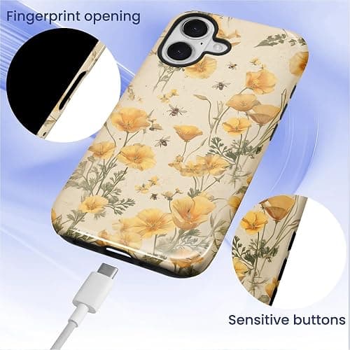 FKBRCL4U for iPhone 17 Case, Hybrid 2-Layer Silicone Protective Glossy Case for Girl Women for iPhone 17 Cute Eco Friendly Vintage Bee Yellow California Poppies Pattern thumbnail 6