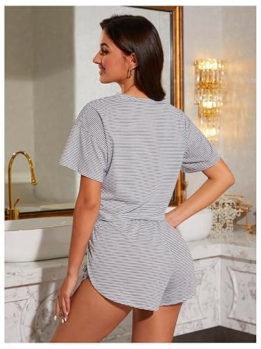 OYOANGLE 2 Pack Summer Pajama Set for Woman Striped Short Sleeve Tshirt and Split Shorts Cute PJ Sets Loungewear thumbnail 3