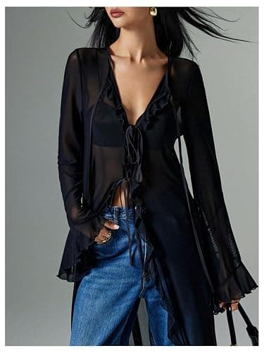 Verdusa Women's Goth Tops Y2K Mesh Tie Front Tops Bell Sleeve Tops Long Shirt 2000s Clothing thumbnail 4