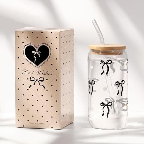 Coquette Black Bow Aesthetic Cup With Gift Box 16oz Glass Cup with Lids Straws and Black Bow Iced Coffee Smoothie Cute Tumbler with Cleaning Brush for Girls Bestfriend Sister Girlfriend, Preppy Stuff thumbnail 6
