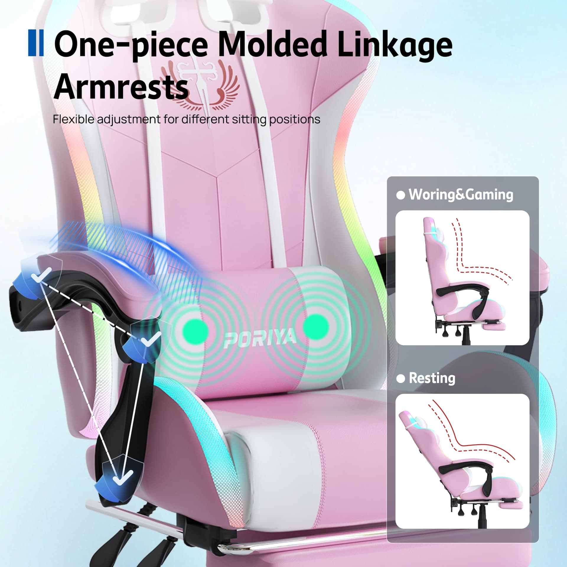 Gaming Chair with Adjustable Backrest, Ergonomic Executive Office Chair, Height Adjustable Racing Chair Maximum Gaming Experience (Pink Massage&LED) thumbnail 5
