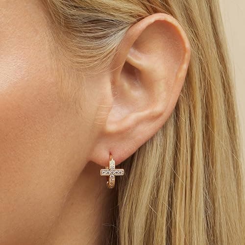 Barzel 18k Gold Plated Crystal Cross Huggies 0.5in length Earrings for Women - Made In Brazil thumbnail 2