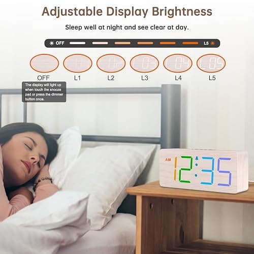 DreamSky Wooden Digital Clock for Bedroom Desk - RGB Loud Alarm Clock for Heavy Sleepers with Volume Control, Large Numbers with Dimmer for Living Room Office, Wood Decor (Plug in Clock) thumbnail 6