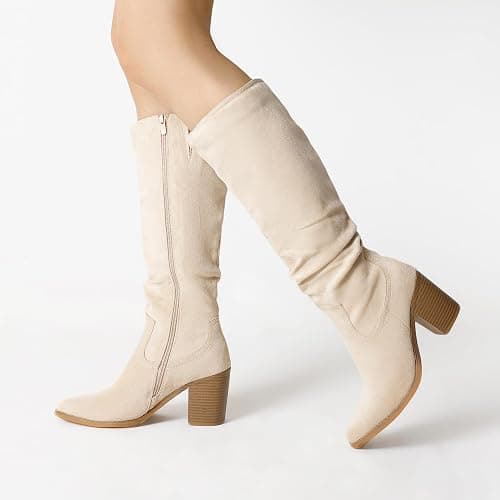 DREAM PAIRS Women's Knee-High Boots, Comfortable Chunky Block Heel Pointed Toe Pull On Side Zipper Suede Slouch Riding Boots thumbnail 8