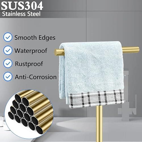 Elibbren Bath Hand Towel Holder Standing, Stainless Steel Golden Towel Bar Rack Stand for Bathroom and Kitchen Vanity Countertop, Modern Towel Holder，1 Pack thumbnail 4