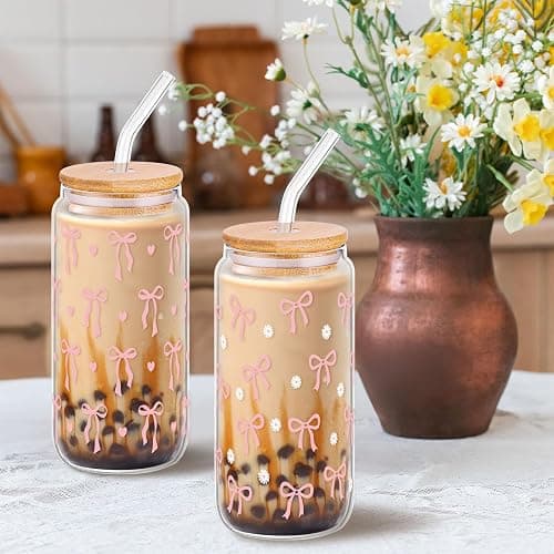 2 Pcs Coquette Cute Pink Bow Glasses Cups, 16 oz Aesthetic Iced Coffee Cup with Lids Brush and Straws Girly Preppy Design Tumbler Mug, Cute Coffee Cups for Teen Girls Women Trendy Gift Preppy Stuff thumbnail 6