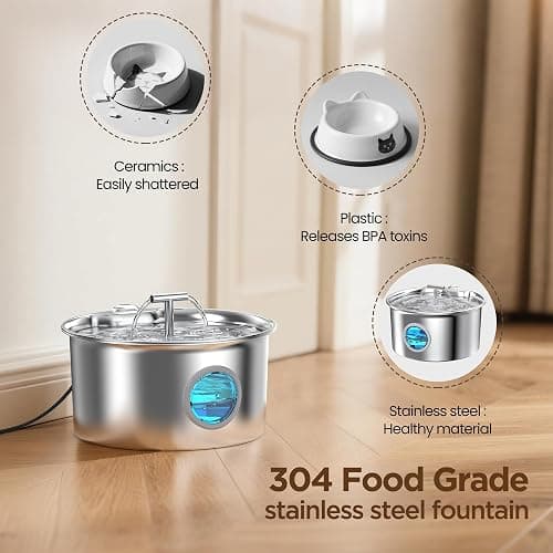 Cat Water Fountain Stainless Steel: 2.6L Cat Fountain for Drinking - Pet Water Fountain for Cats Indoor - Automatic Pet Water Dispenser Bowl - Best Auto Feeding Supplies Gift for Small Dog Large Kitty thumbnail 2