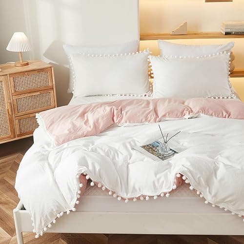 Bedbay Pink Comforter Set Twin Size Dorm Bedding Cute Pom Pom Fringe Boho Comforter White and Pink Reversible Bedding Sets for Girls Boys Soft Washed Microfiber 2 Pcs thumbnail 2