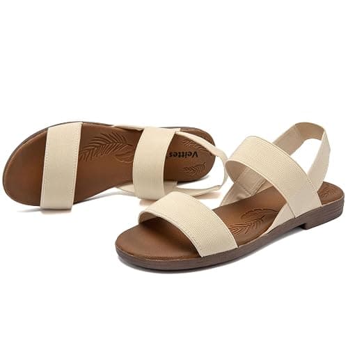 Veittes Women's Casual Flat Slide Sandals - Adjustable Elastic Strappy Double Bands Summer Flat Sandals thumbnail 3