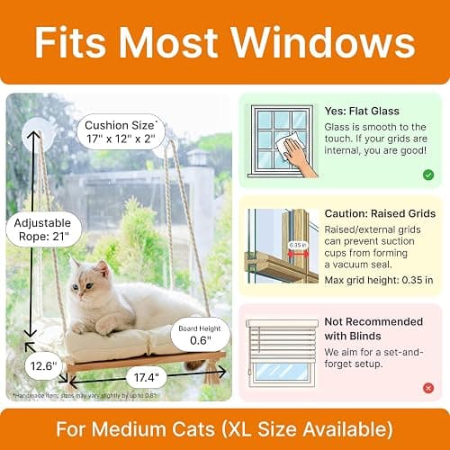Cat Window Perch with Industrial-Grade Suction Cups - Solid Pine Wood Hammock Bed, Soft Cushion - 42 lb Capacity for Cats Inside thumbnail 7
