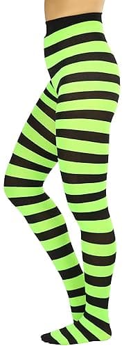 ToBeInStyle Women’s Wide Horizontal Contrast Stripe Tights Opaque Hosiery - One Size Plus - Black and Neongreen thumbnail 5