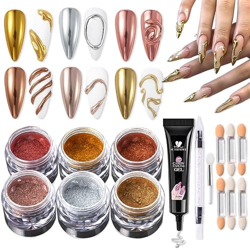 SUTOZMIWE Chrome Nail Powder Metallic Gold And Silver, Magic Mirror Effect Pigment Glitter Rubbing Dust, 3D Carving Nail Molding Gel & Holographic Dip Nail Powder Kit for Nail Decor Home Manicure DIY - Image 1
