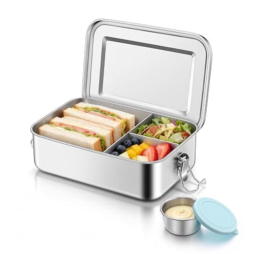 TeamFar Stainless Steel Bento Box, 47oz/1400ml Metal Lunch Box with Condiment Container for Adults/Kids, 3 Compartment Food Storage Container for School/Work, Leak-Proof & Dishwasher Safe, Blue - Image 1