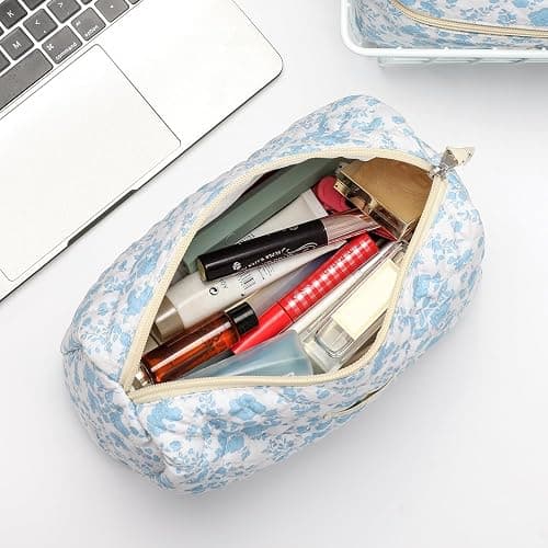 Sightor Cotton Makeup Bag, Kawaii Floral Cosmetic Bag Large Travel Toiletry Bag, Quilted Cosmetic Pouch for Women (Cerulean Blue) thumbnail 5
