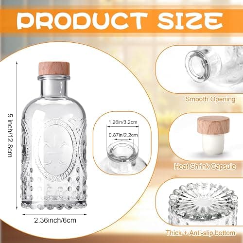 Teenyyou 12 Pcs Clear Glass Bottles 6.8oz/ 200ml Whiskey Glass Bottles Vintage with T Top Cap for Wine Beverage Drink Oil Vinegar Kombucha Beer Soda with Cork Stopper (Vintage Oval thumbnail 3