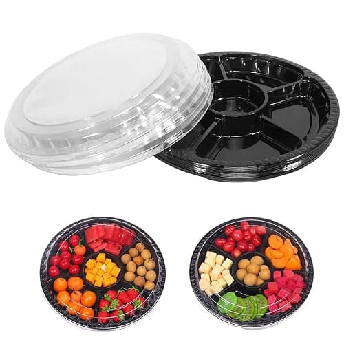 mwellewm 10 Pcs Round Plastic Appetizer Tray with Lid Divided Serving Tray, Disposable Food Storage Containers, Plastic Tray Storage, Kids Snack, Fruit Platter Vegetable Trays for Party and Buffet - Image 1