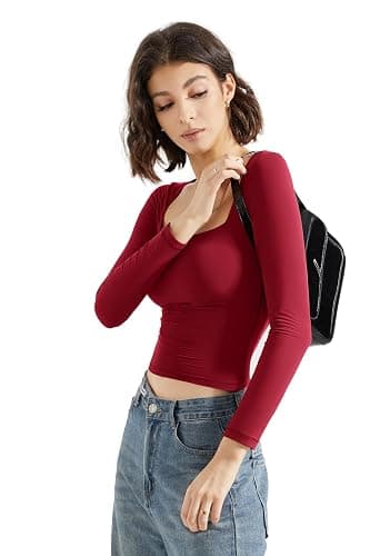 SUUKSESS Women Square Neck Long Sleeve Tops Double Lined Going Out T Shirts thumbnail 3