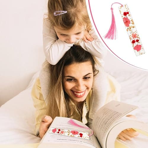 WY LIGHTING LEVEL marque-pages en résine rose avec pompon de fleurs pressées - Accessoires de lecture durables et faits main pour les lecteurs passionnés, les étudiants, femmes thumbnail 6